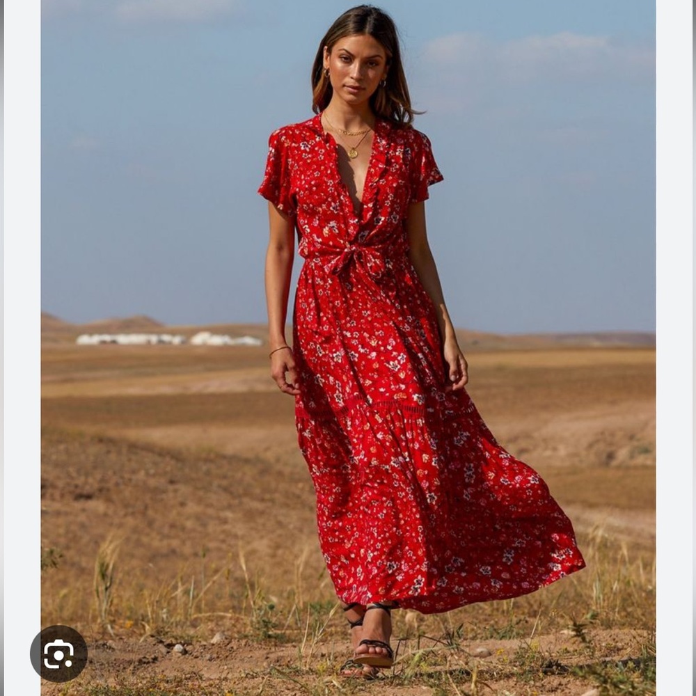 Kivari the Label Arabella Tie Up Maxi Dress in red floral print
